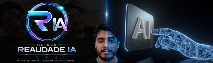 Banner do Método Realidade IA: logo do curso, rosto metade real e metade malha digital, e um chip de inteligência artificial.
