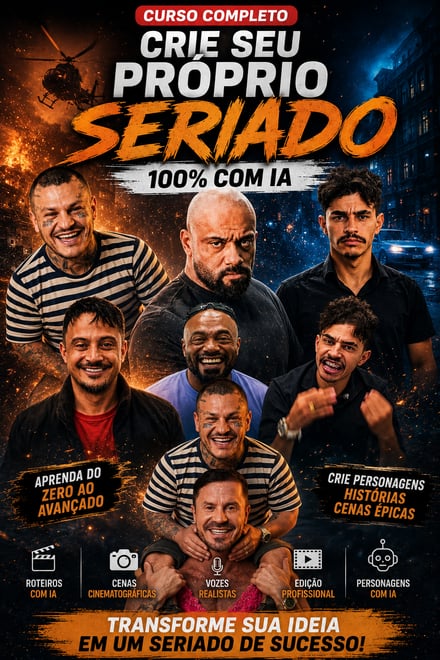 Capa do módulo 4: Crie o seu próprio seriado 100% com IA — roteiros, cenas cinematográficas, vozes realistas e personagens