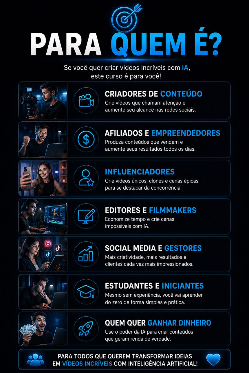 Para quem é: criadores de conteúdo, afiliados e empreendedores, influenciadores, editores e filmmakers, social media e gestores, estudantes e iniciantes, e quem quer ganhar dinheiro criando conteúdo com inteligência artificial.