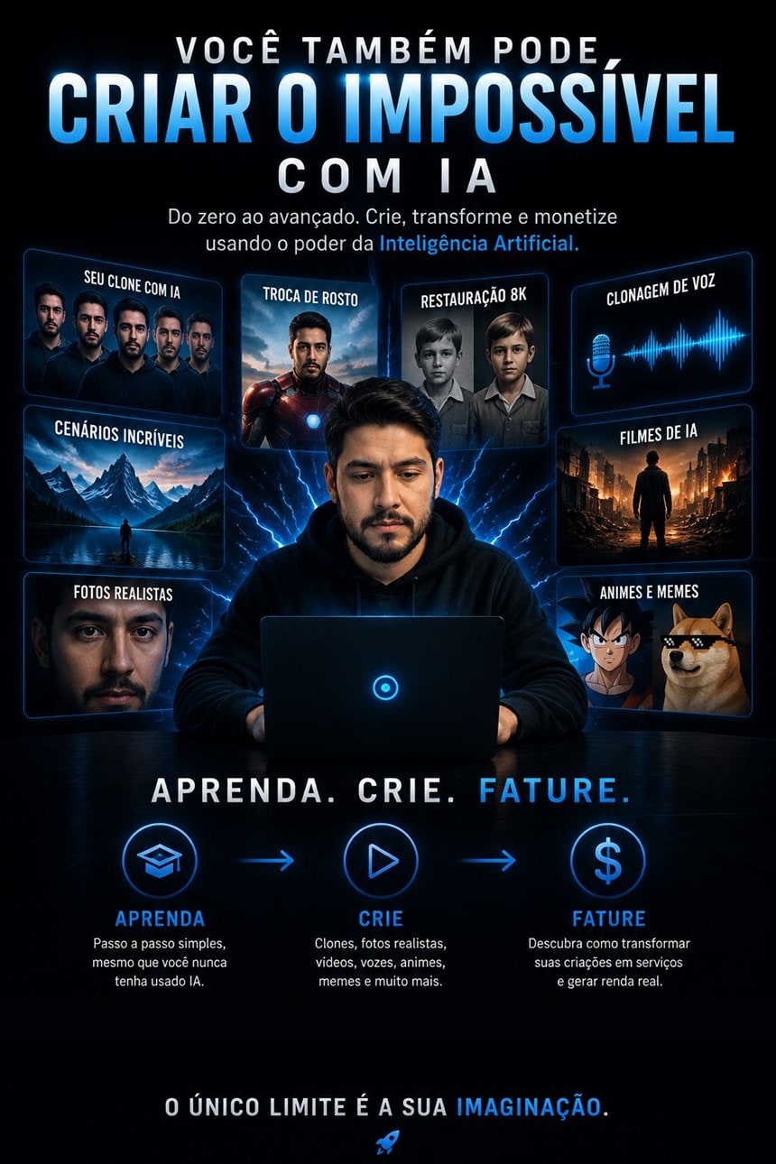Você também pode criar o impossível com IA: seu clone com IA, troca de rosto, restauração 8K, clonagem de voz, cenários incríveis, filmes de IA, fotos realistas, animes e memes. Aprenda, crie e fature — sem experiência prévia, com acesso imediato e vitalício.