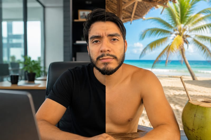 Imagem dividida ao meio: à esquerda, o mesmo homem trabalhando em um escritório; à direita, ele em uma praia com coqueiro e água de coco na mão.
