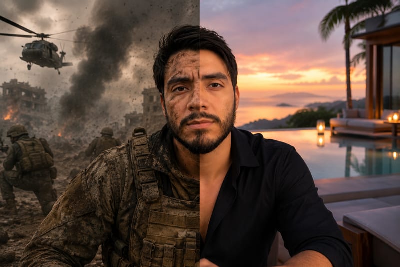 Imagem dividida ao meio: à esquerda, o mesmo homem como soldado em um campo de guerra com helicóptero e fumaça; à direita, ele em uma casa de luxo com piscina ao pôr do sol.
