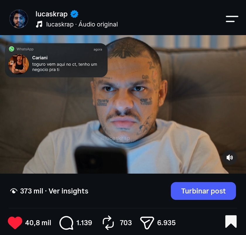 Print do Instagram do perfil lucaskrap mostrando o post do seriado feito com IA: 373 mil visualizações, 40,8 mil curtidas, 1.139 comentários, 703 compartilhamentos e 6.935 salvamentos.